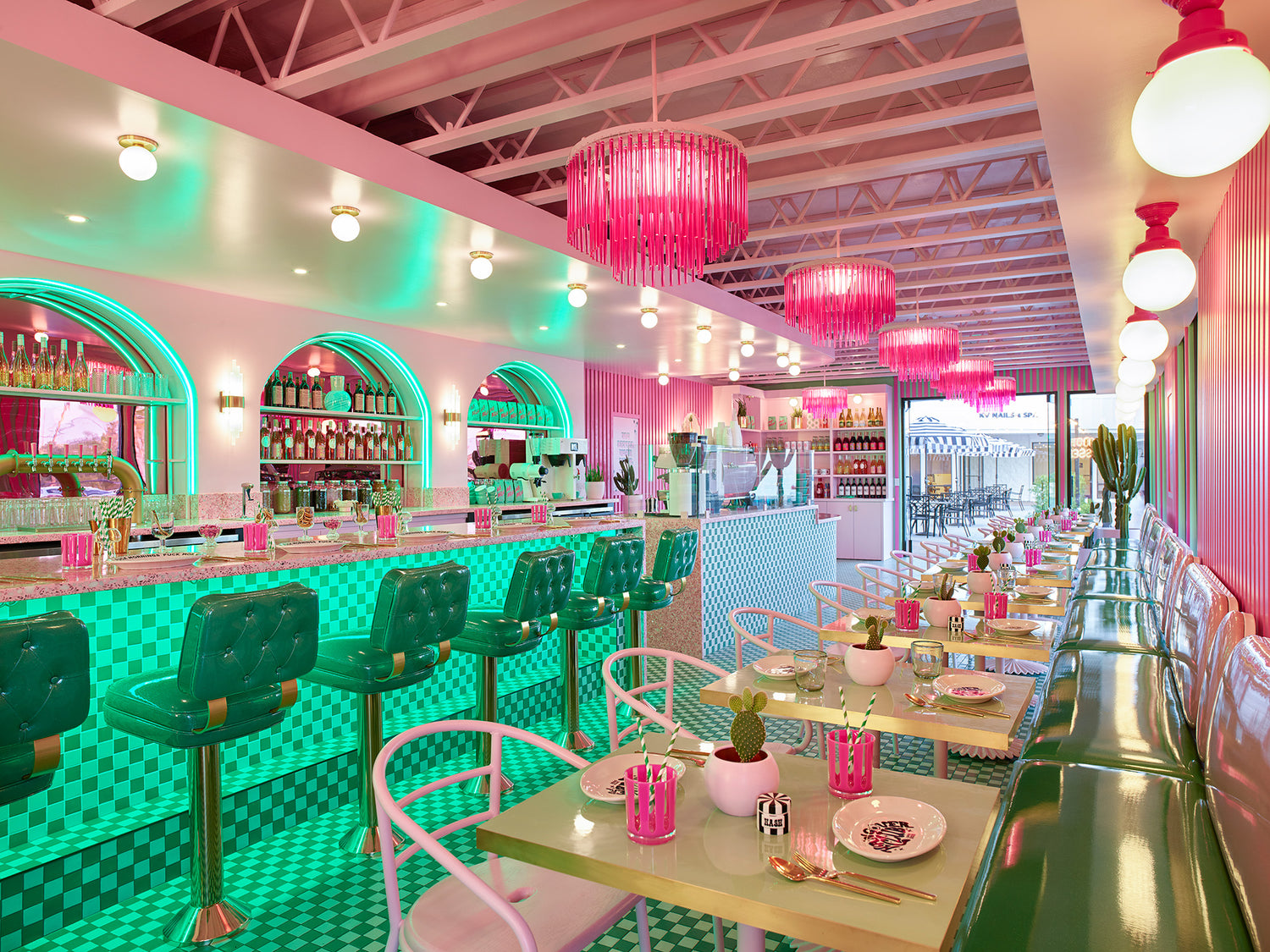 inside the coffee dose flagship empty but with bright style and a corridor of seating