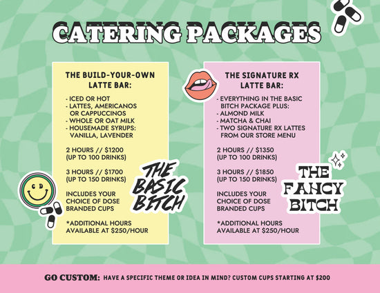 Catering package menu with text on a green and pink gradient background