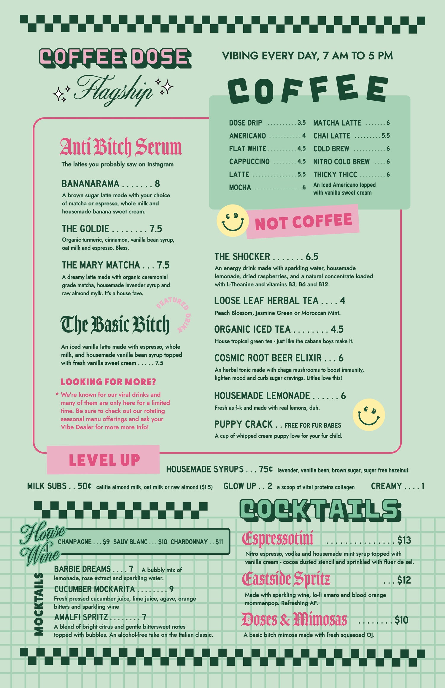 Menu with coffee and cocktail options on a green background