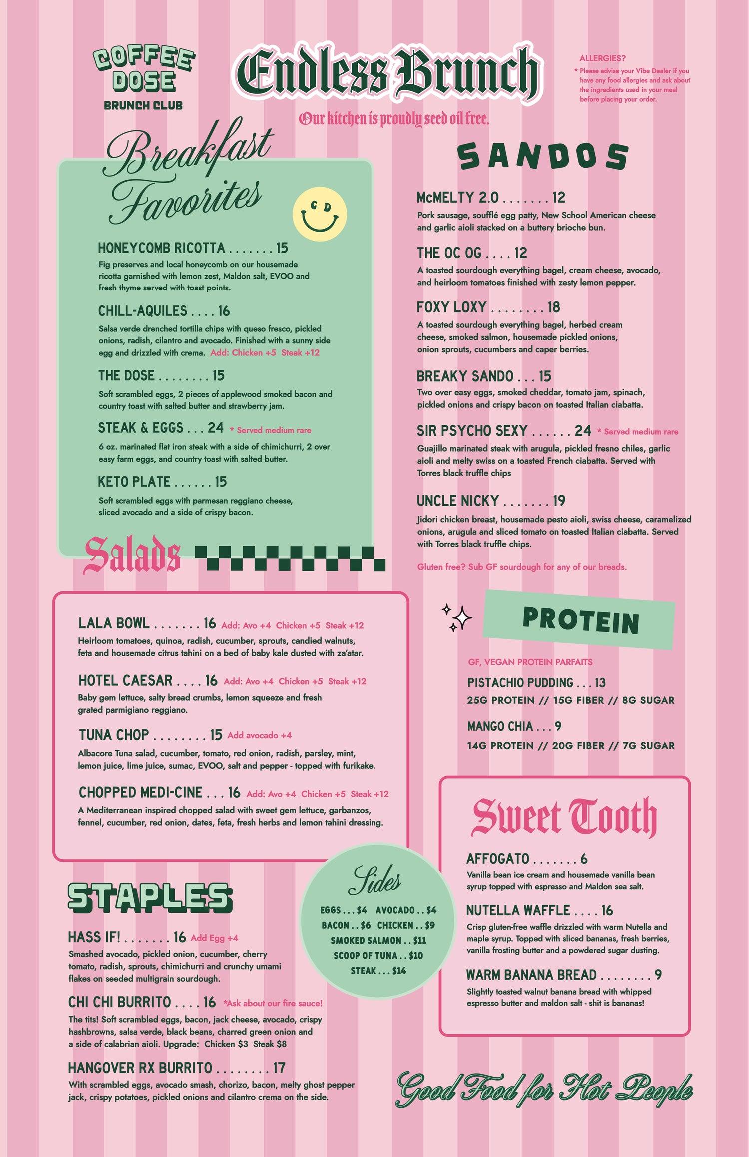 Menu with various food items and prices on a pink background