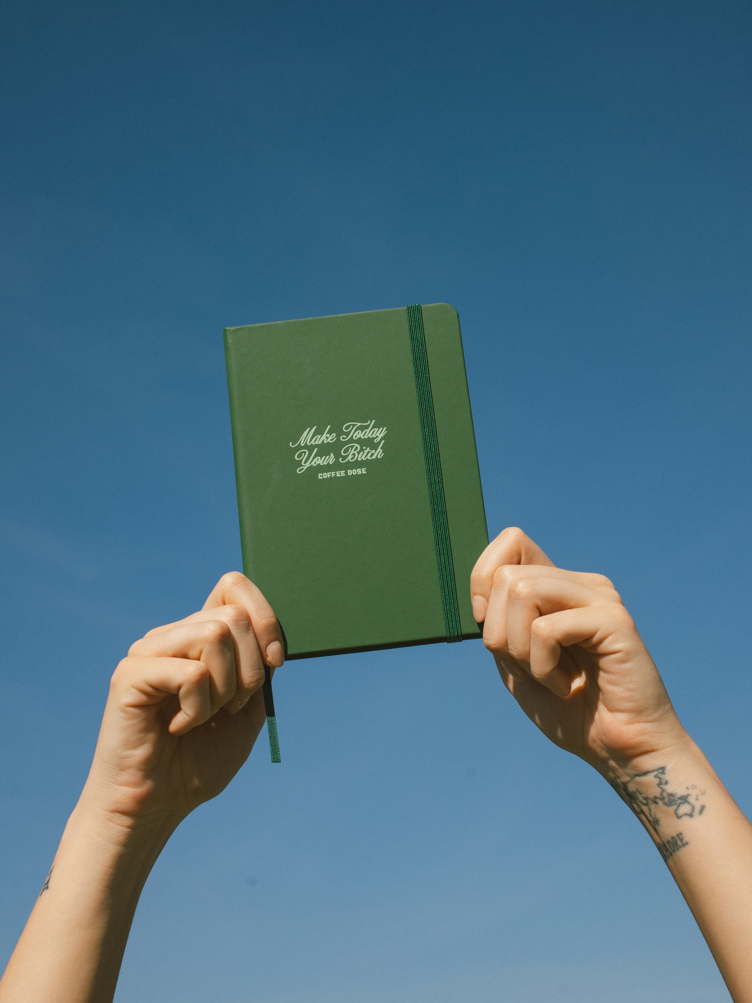 Green notebook that says 'make today your bitch' held up against a clear blue sky