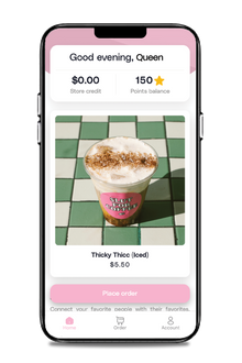 first step of app ordering, viewing an item "thicky thicc" and about to place an order