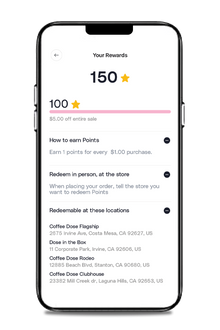 second step of app ordering, view your reward points progress, see that you get 1 point for every dollar purchased at coffee dose, tell them at the store when you want to redeem your points