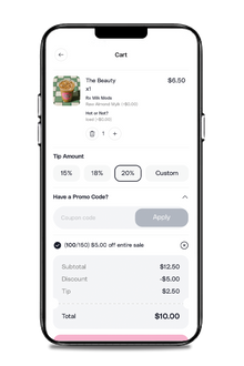 step 3 of app ordering, viewing cart, selecting tip amount, seeing the subtotal and any applicable discounts